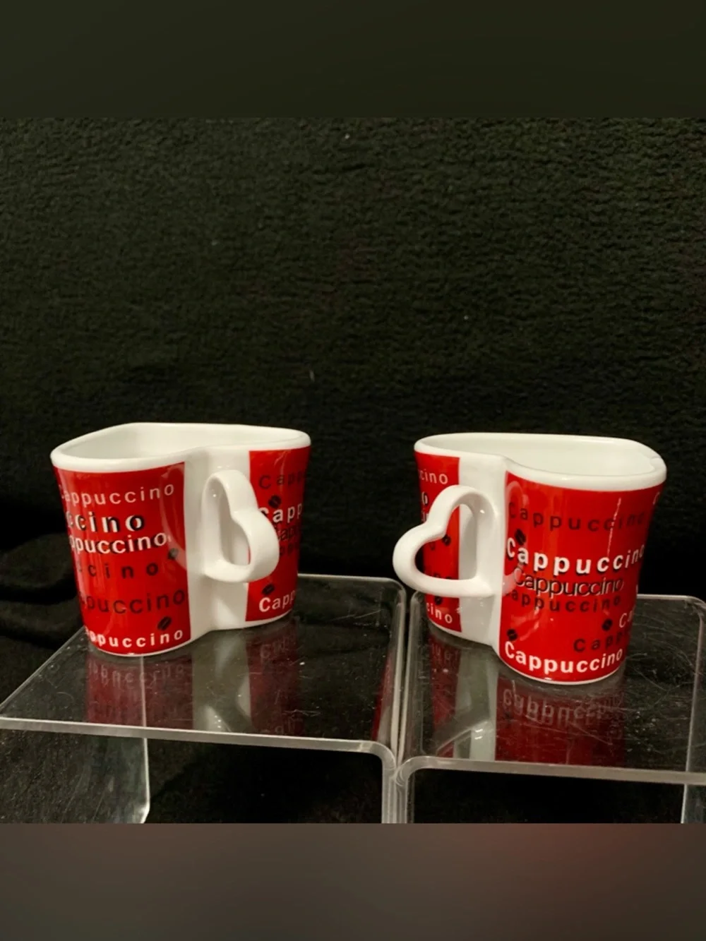 🔍(2) HEART-SHAPED CAPPUCCINO CUP & SAUCER SETS — RED & WHITE
